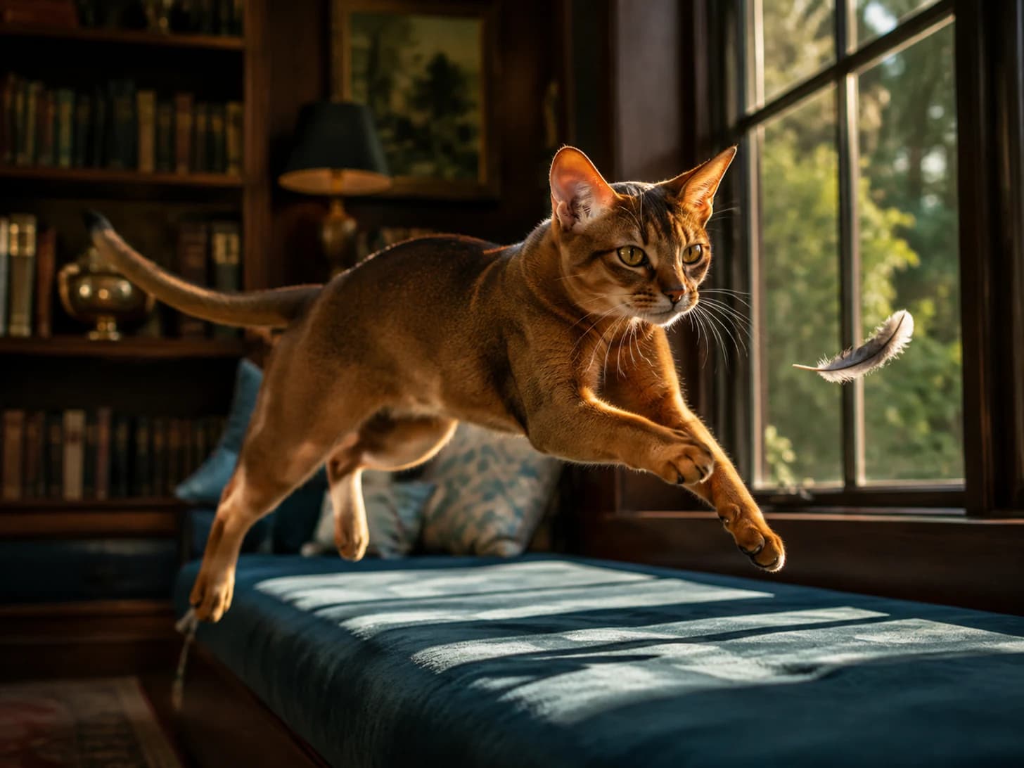 Juniper clears the entire daybed for one feather, and lands like she planned it.