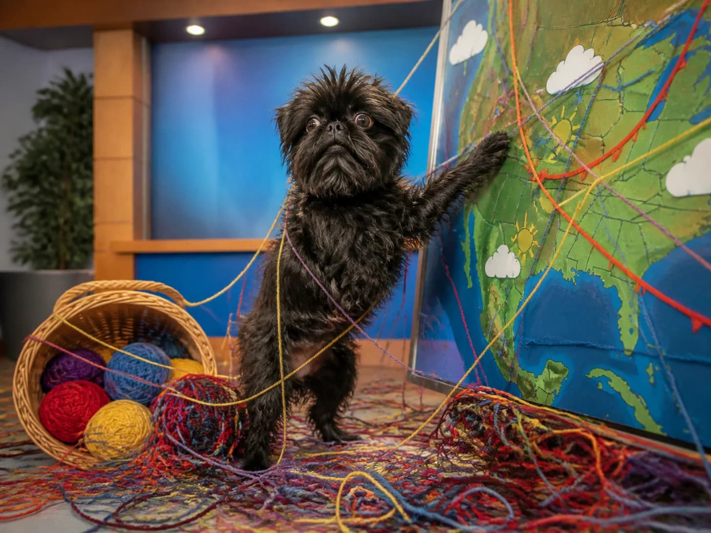 Onyx was promoted to weather forecaster surprised by its own forecast; unfortunately, a basket of yarn unravels around everything.
