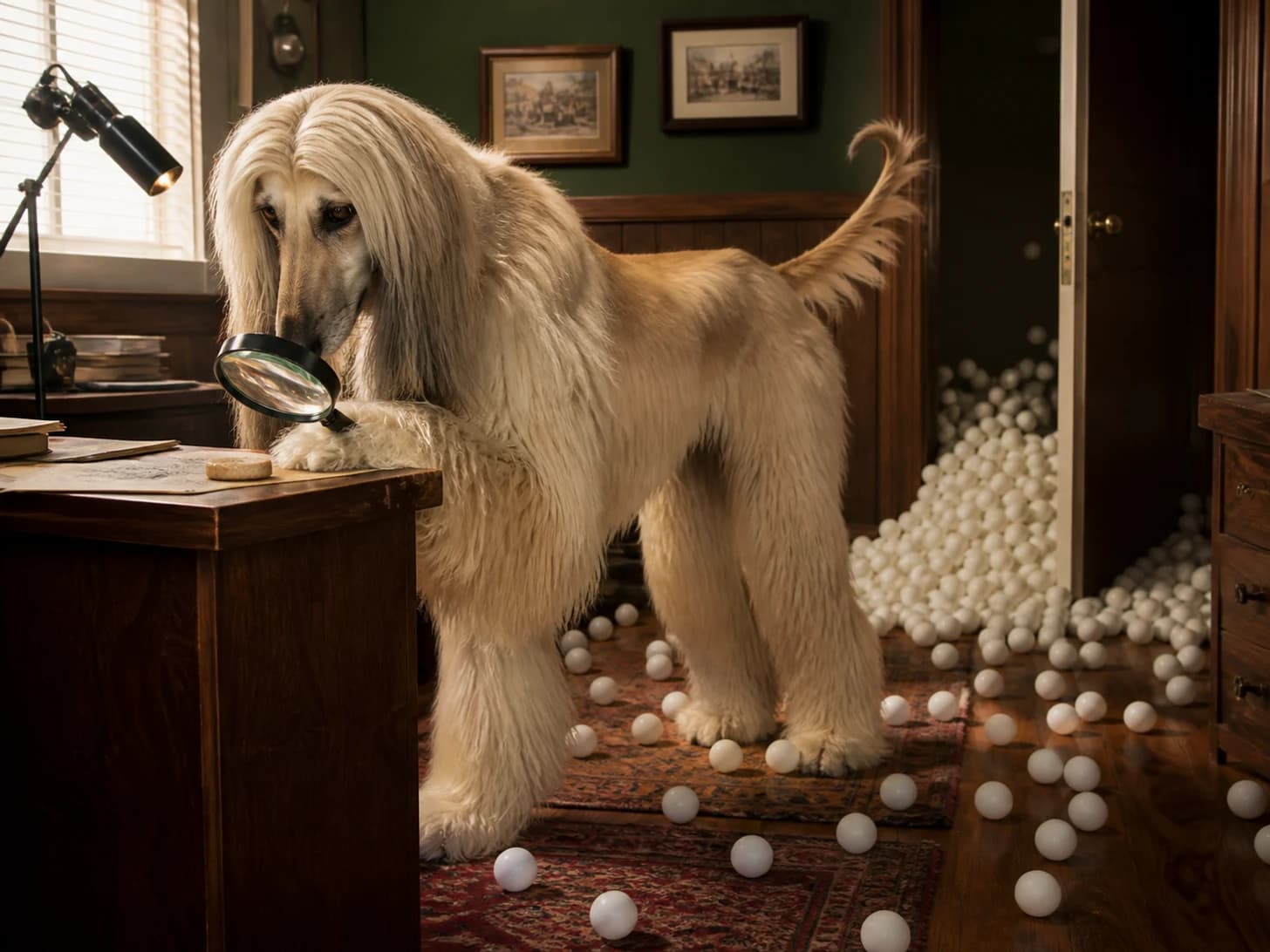 Barnaby II was promoted to detective examining one suspicious biscuit; unfortunately, dozens of ping-pong balls escape at once.