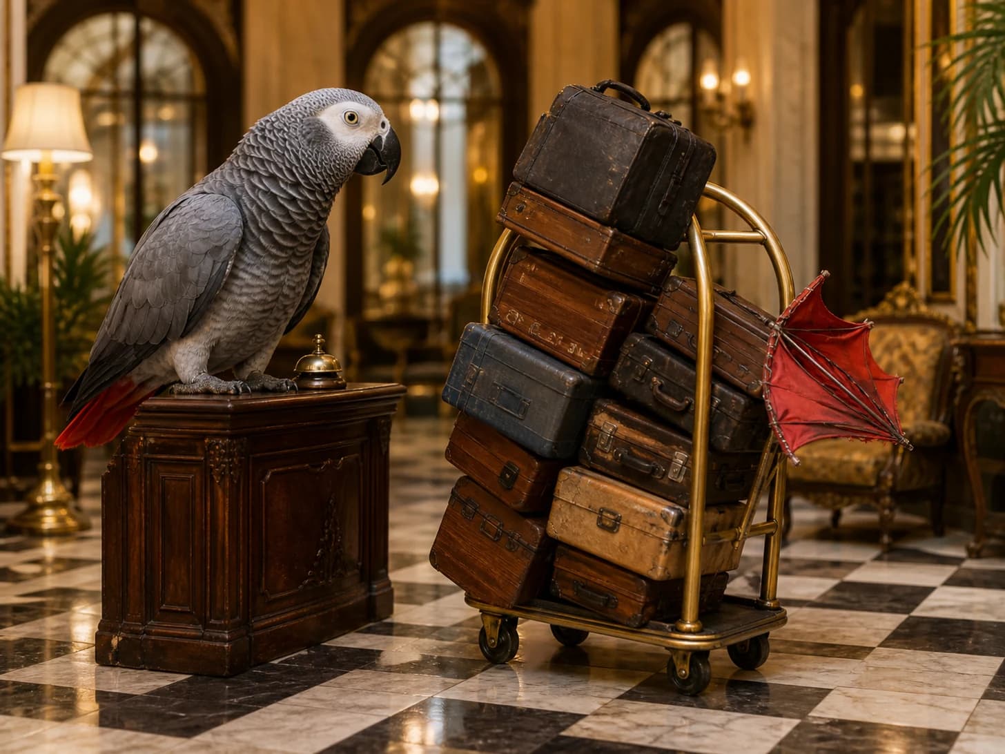 Sable was promoted to hotel concierge receiving impossible luggage; unfortunately, a miniature umbrella turns inside out.