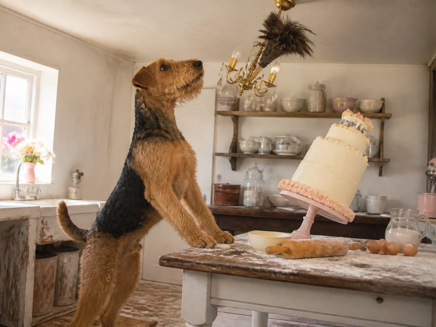 Cocoa III was promoted to pastry chef confronting a leaning cake; unfortunately, a feather duster gets stuck in a tiny chandelier.