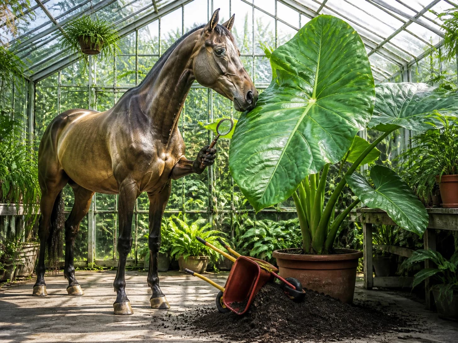 Hazel was promoted to botanist studying an absurdly large houseplant; unfortunately, a toy wheelbarrow tips at the worst moment.