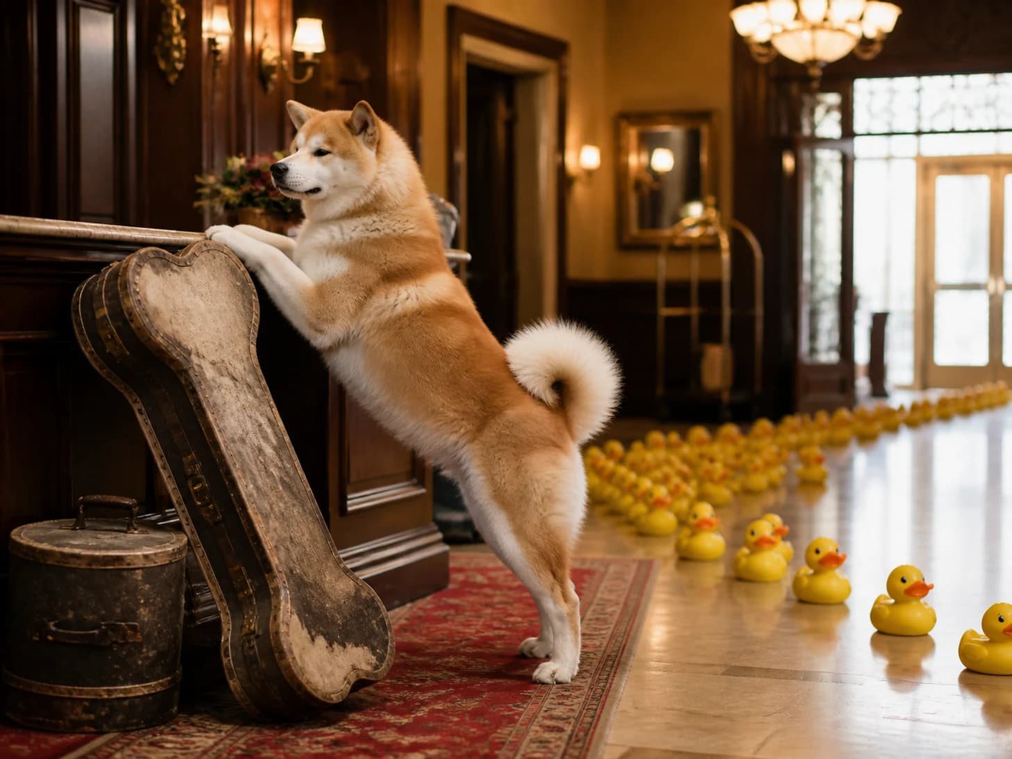 Biscuit was promoted to hotel concierge receiving impossible luggage; unfortunately, a parade of rubber ducks heads the wrong way.
