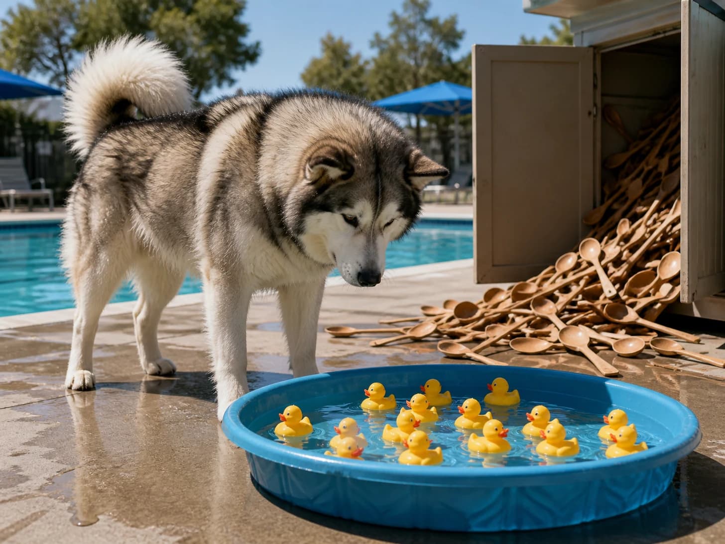 Willow V was promoted to lifeguard supervising a paddling pool for rubber ducks; unfortunately, a heap of wooden spoons spills from a cupboard.