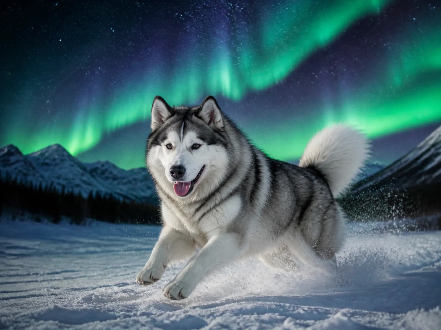 Koda has seen the northern lights a hundred times and still runs at them.