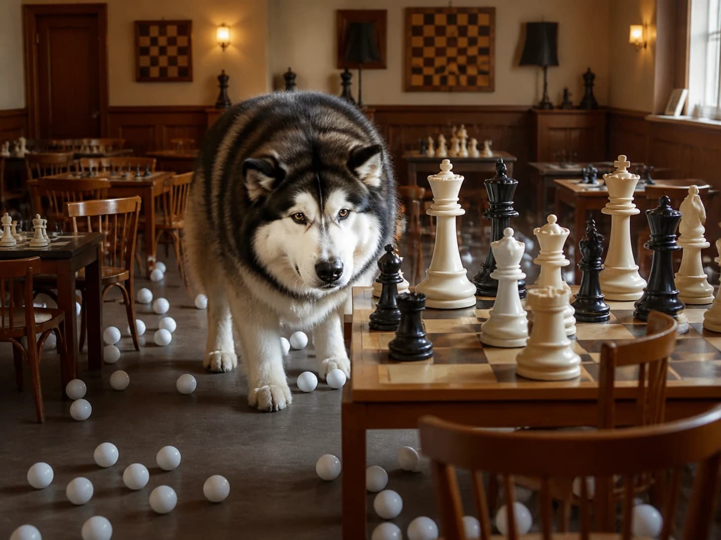 Waffles II was promoted to chess champion facing pieces taller than itself; unfortunately, dozens of ping-pong balls escape at once.