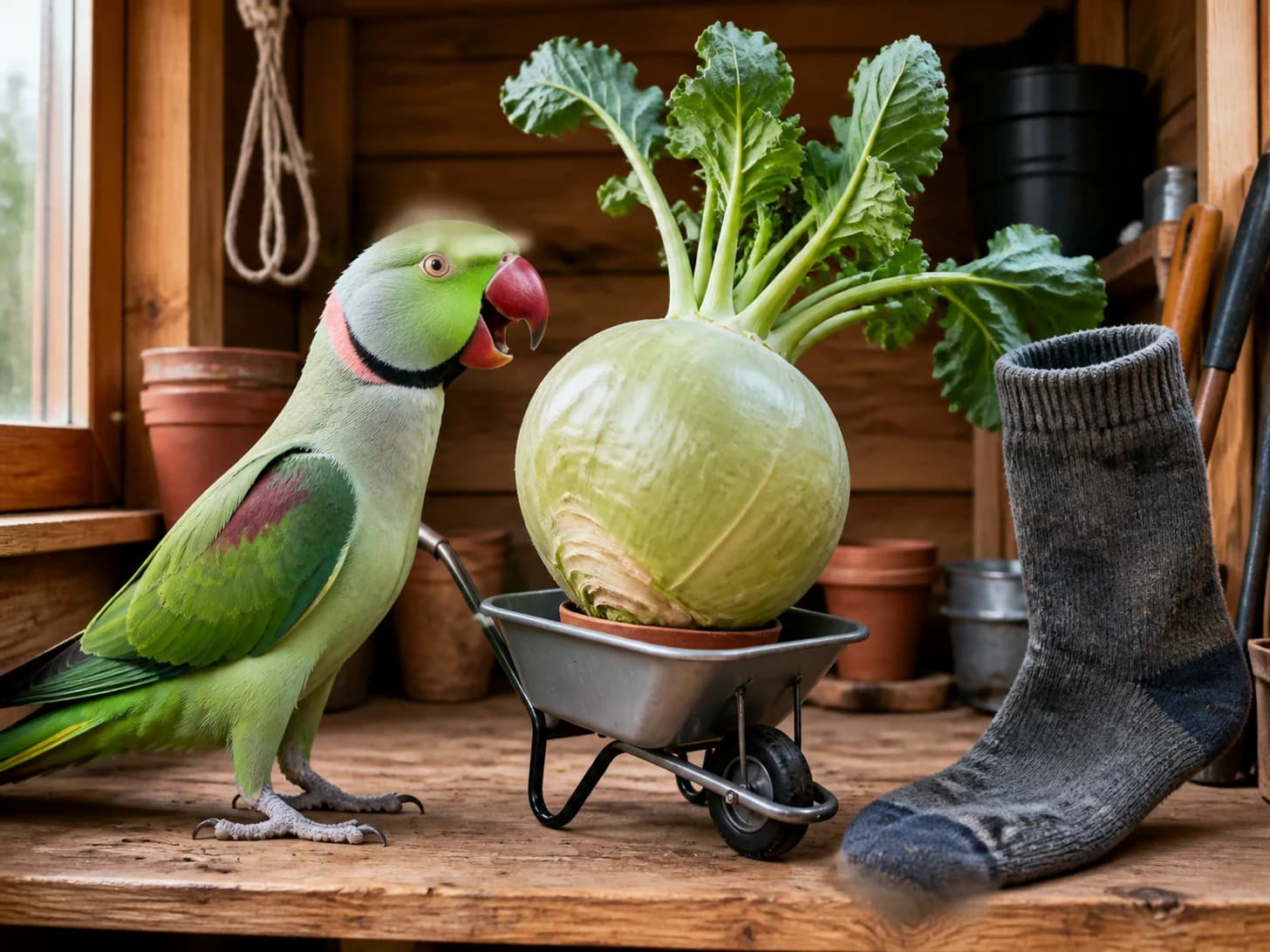 Sable VIII was promoted to gardener confronting a wheelbarrow full of one enormous vegetable; unfortunately, a single enormous sock appears without explanation.