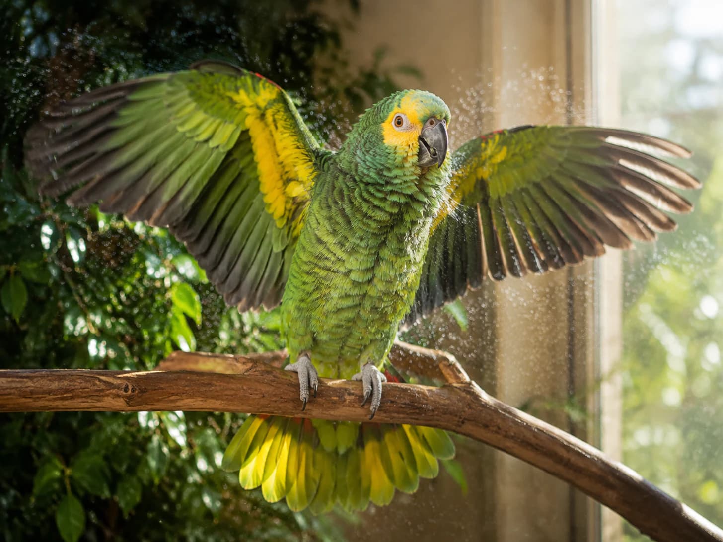 Pico takes his shower on the perch by the window and requires the whole house to know it.
