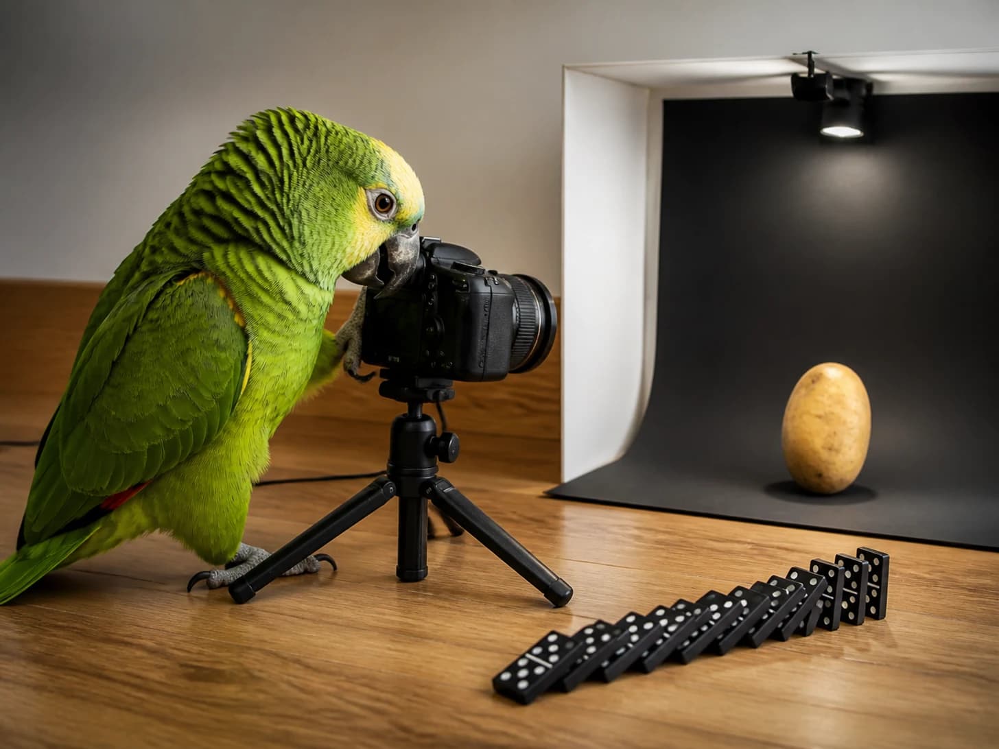 Jetty V was promoted to photographer arranging a portrait of one potato; unfortunately, a domino line stops one piece before the finish.