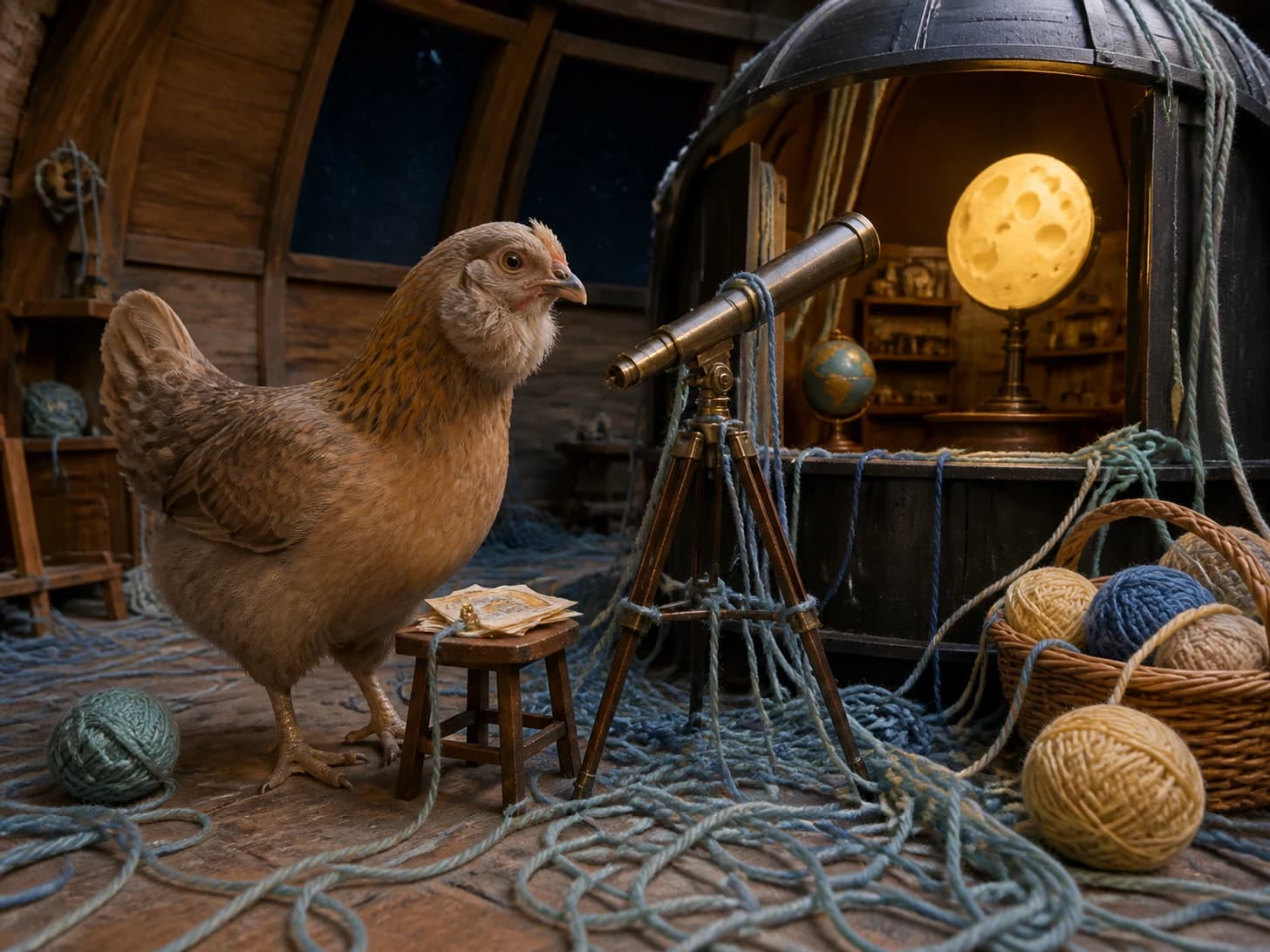 Domino X was promoted to astronomer discovering that the moon is a cheese wheel; unfortunately, a basket of yarn unravels around everything.