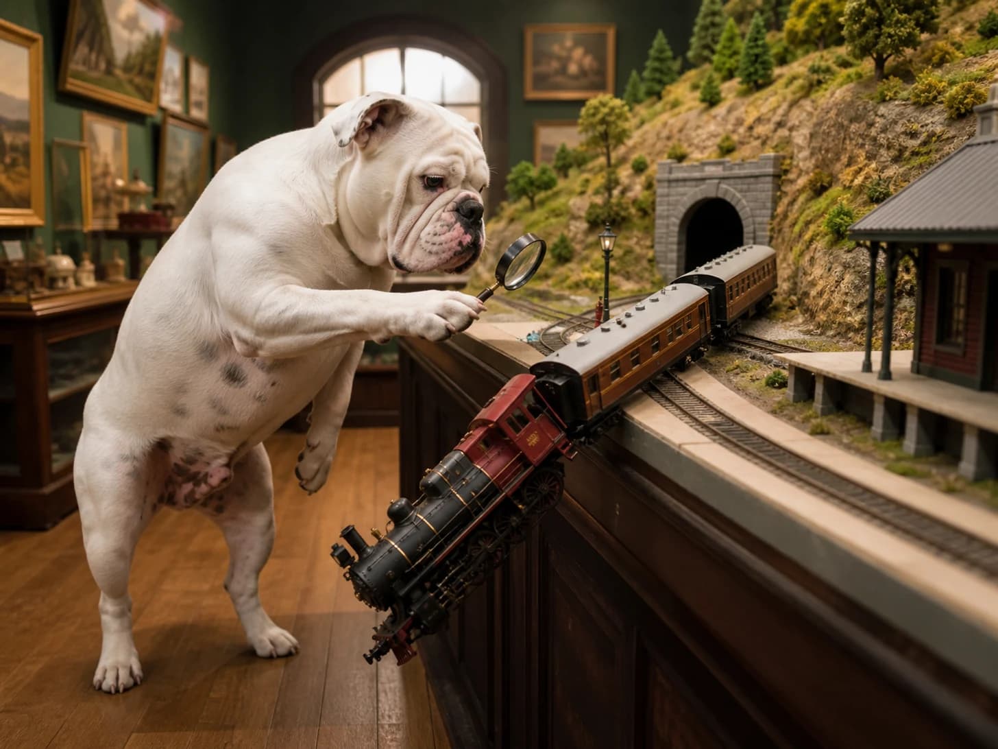 Nutmeg II was promoted to meticulous museum curator; unfortunately, a clockwork train misses the platform.