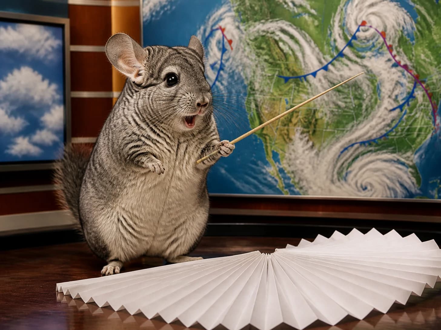Walnut VII was promoted to weather forecaster surprised by its own forecast; unfortunately, a paper fan unfolds across the floor.
