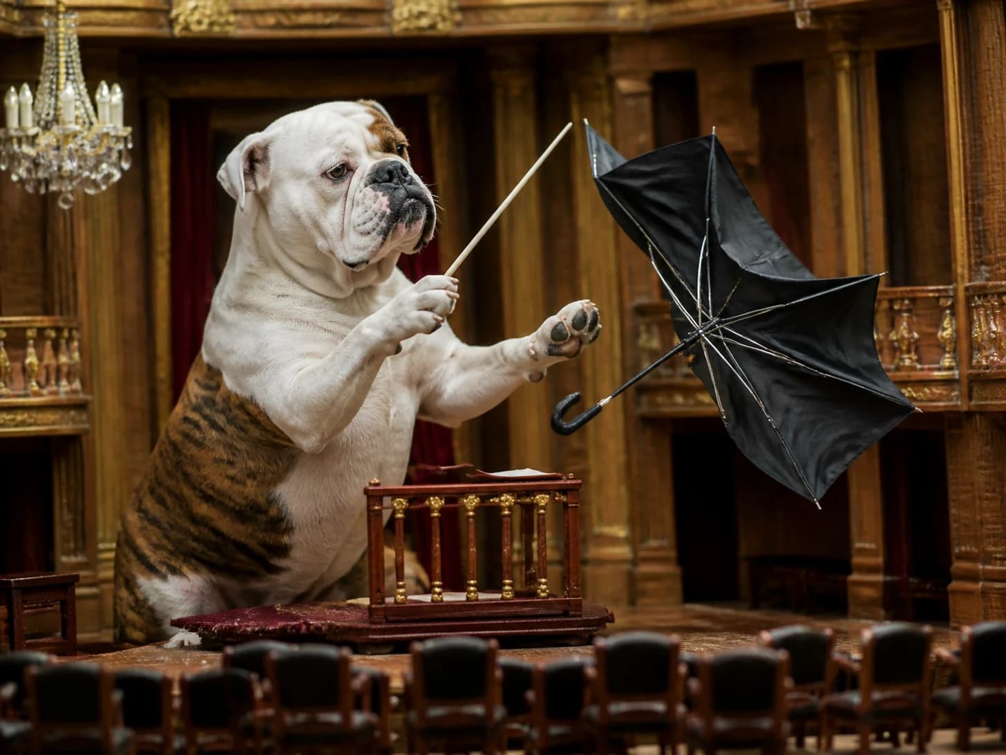 Anise II was promoted to stern orchestra conductor; unfortunately, a miniature umbrella turns inside out.