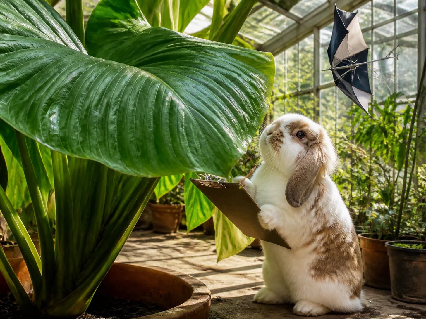 Domino IX was promoted to botanist studying an absurdly large houseplant; unfortunately, a miniature umbrella turns inside out.