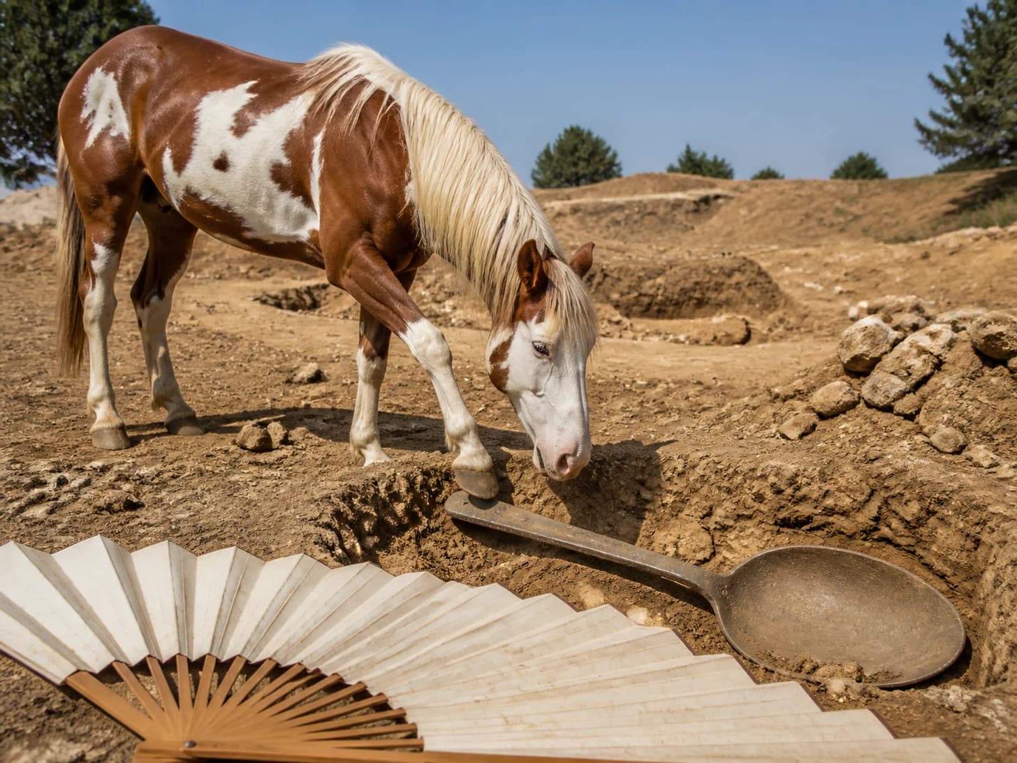 Echo was promoted to archaeologist uncovering a giant spoon; unfortunately, a paper fan unfolds across the floor.