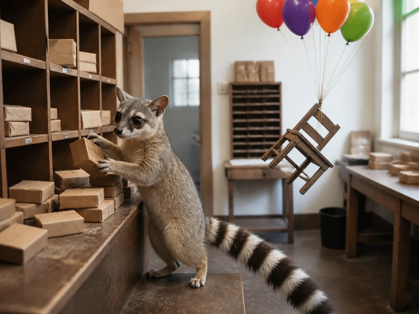 Truffle was promoted to post-office clerk sorting blank miniature parcels; unfortunately, a balloon bouquet pulls a tiny chair upward.
