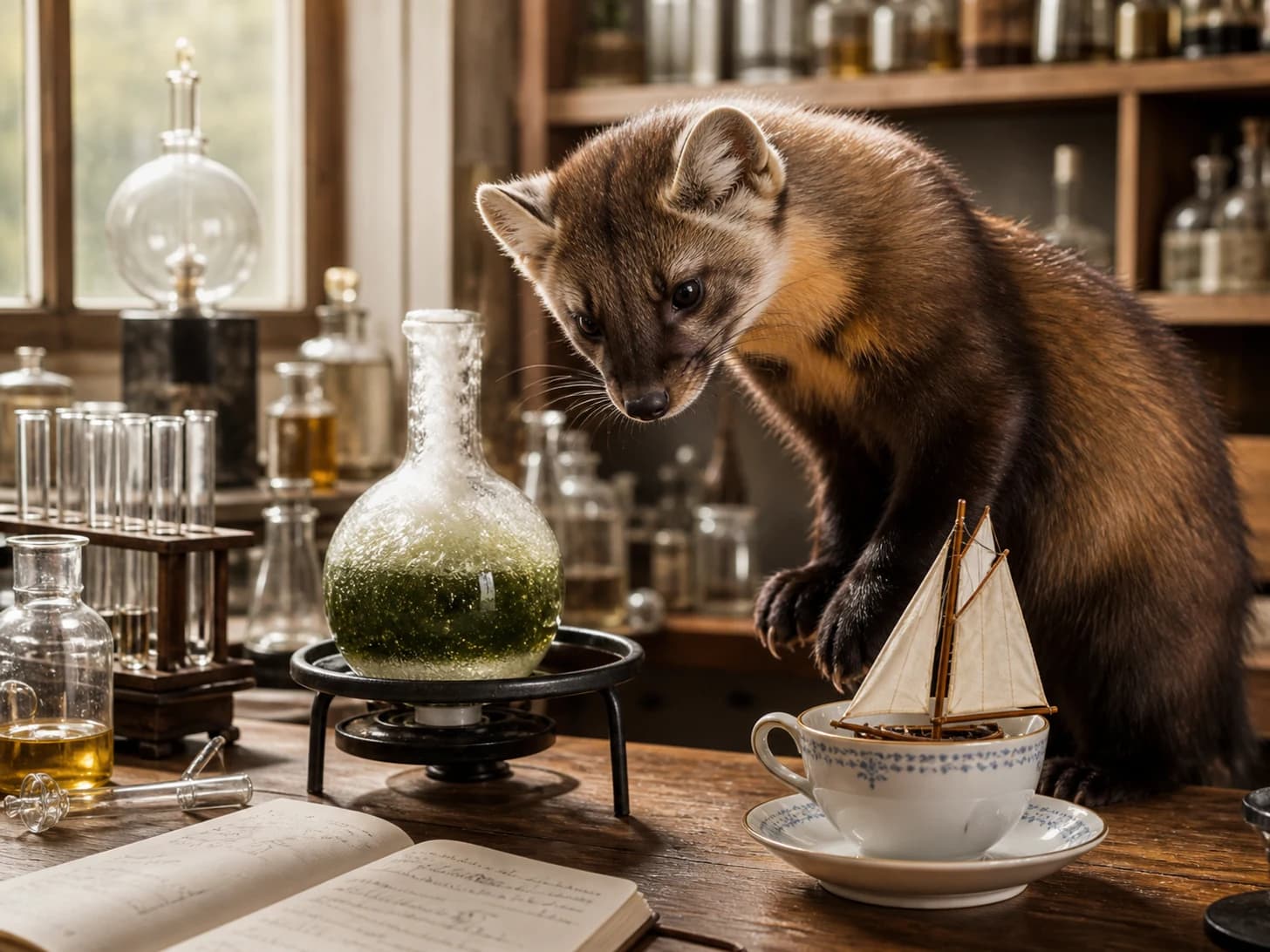 Waffles IX was promoted to scientist monitoring a bubbling but harmless experiment; unfortunately, a model sailboat becomes stranded in a teacup.