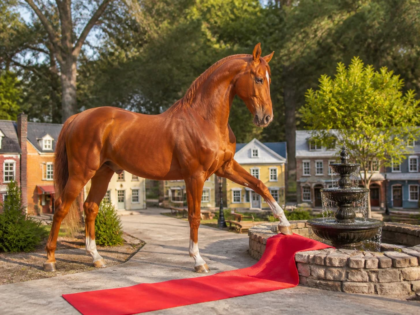 Walnut was promoted to mayor opening a very small fountain; unfortunately, a tiny red carpet refuses to lie flat.