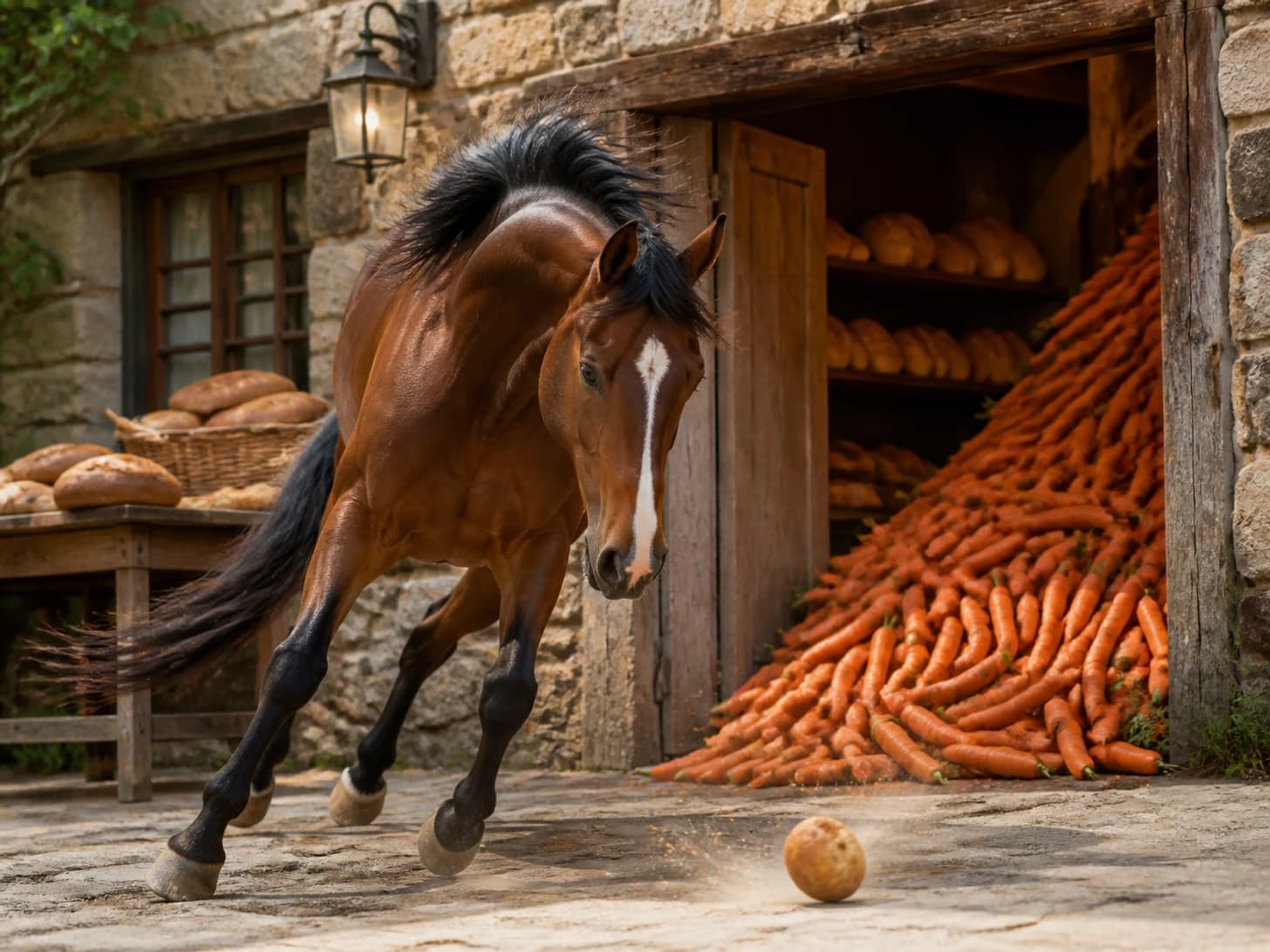 Willow was promoted to baker guarding a runaway bread roll; unfortunately, a mountain of carrots blocks the doorway.