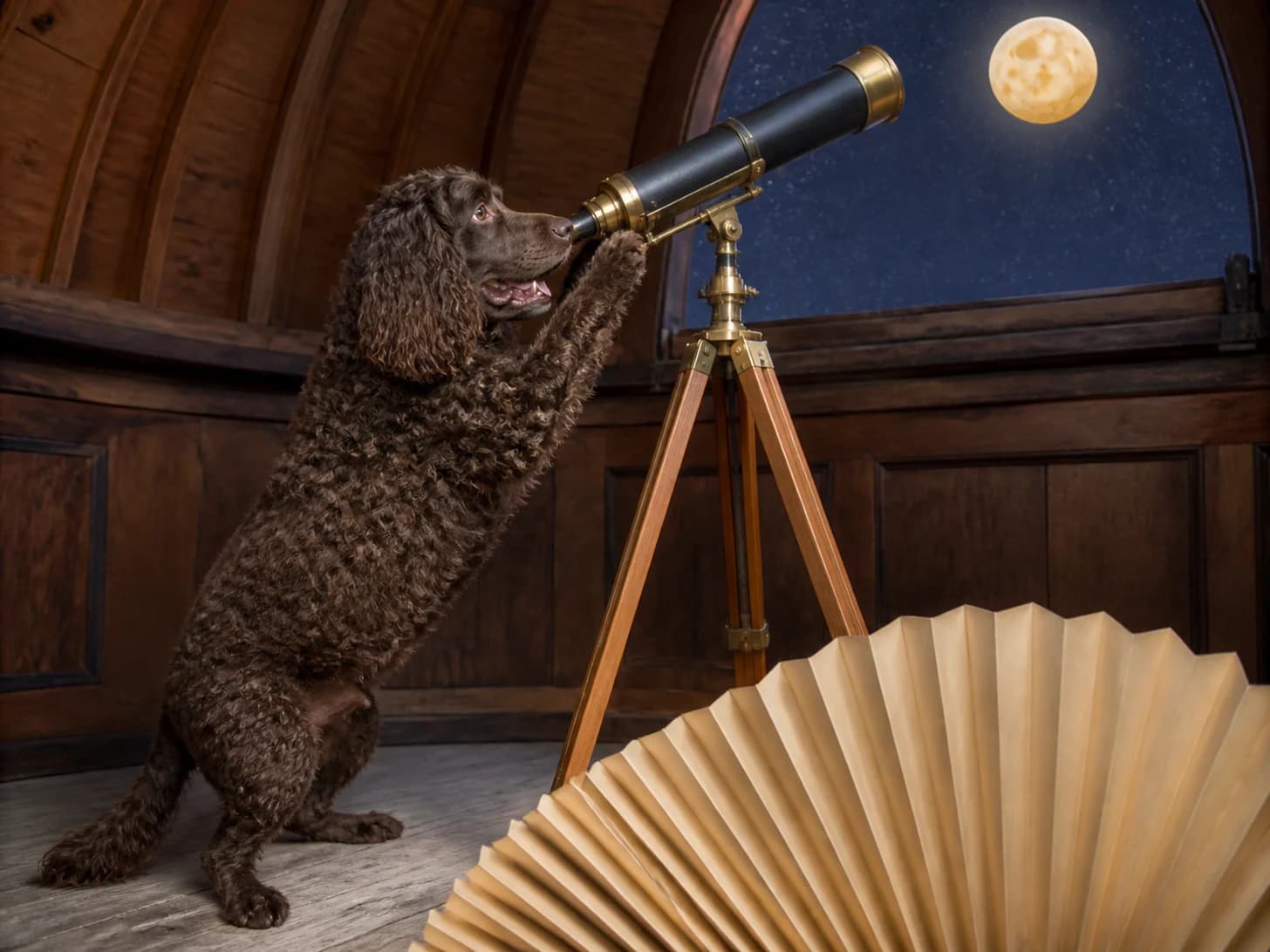 Semolina IV was promoted to astronomer discovering that the moon is a cheese wheel; unfortunately, a paper fan unfolds across the floor.