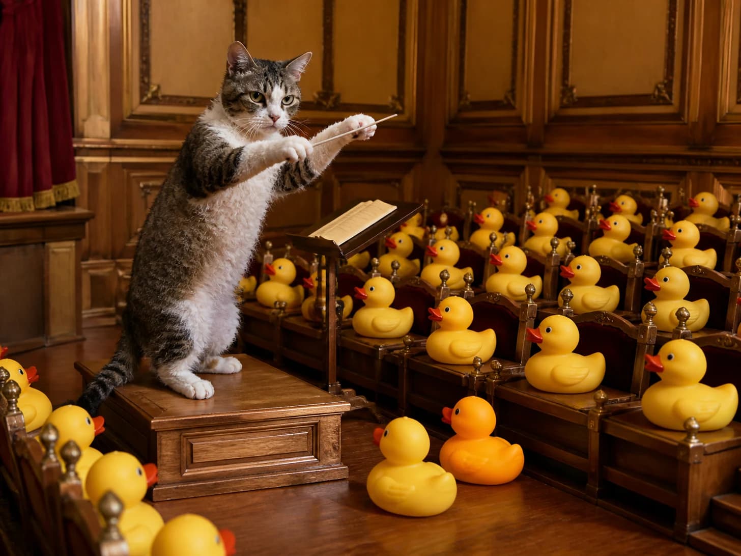 Mistral IX was promoted to stern orchestra conductor; unfortunately, a parade of rubber ducks heads the wrong way.