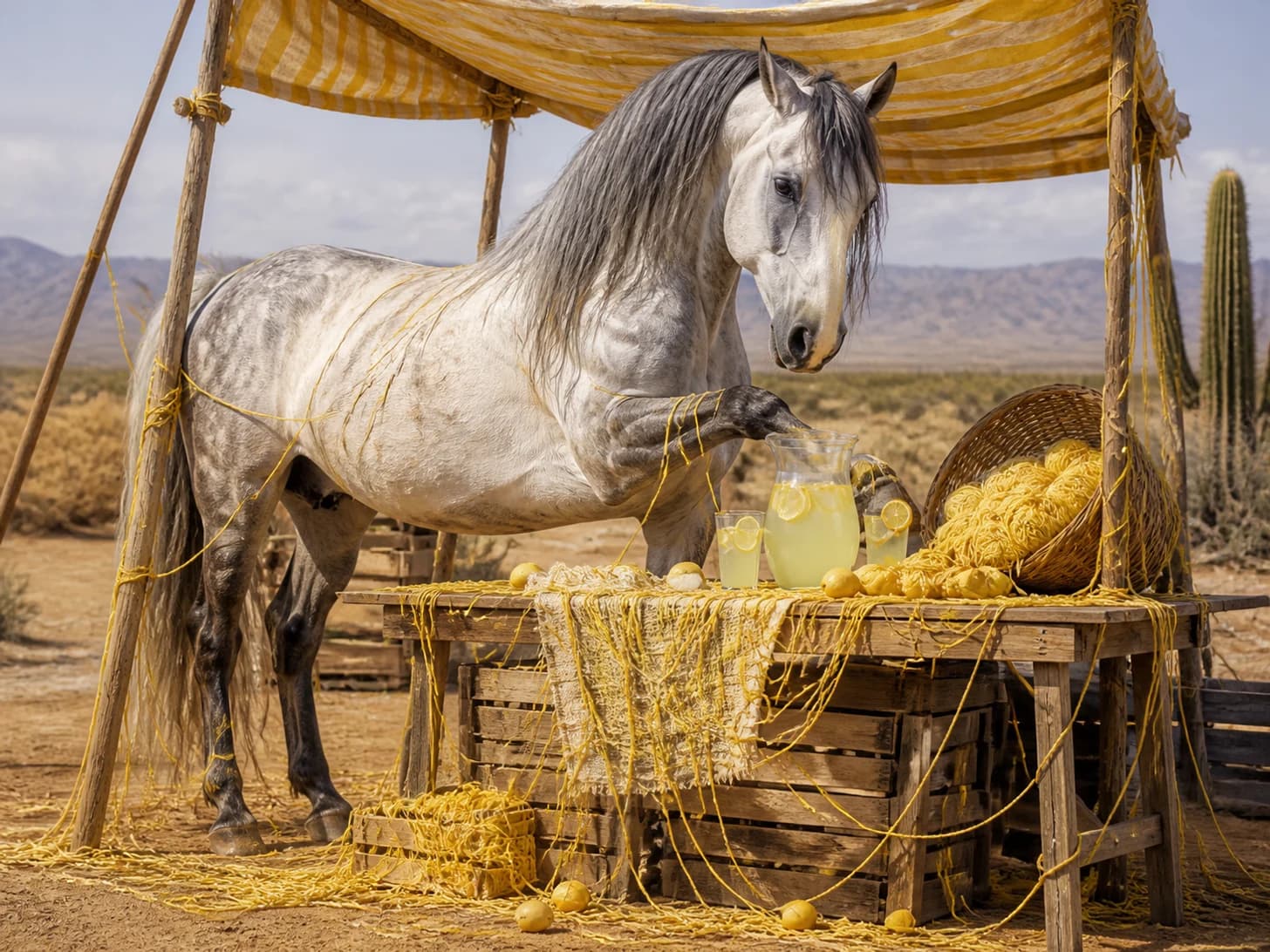 Muffin was promoted to ambitious roadside lemonade vendor; unfortunately, a basket of yarn unravels around everything.