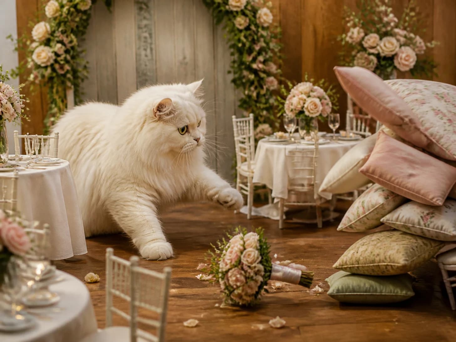 Vareniki VII was promoted to wedding planner facing a runaway bouquet; unfortunately, a pile of cushions slowly topples.