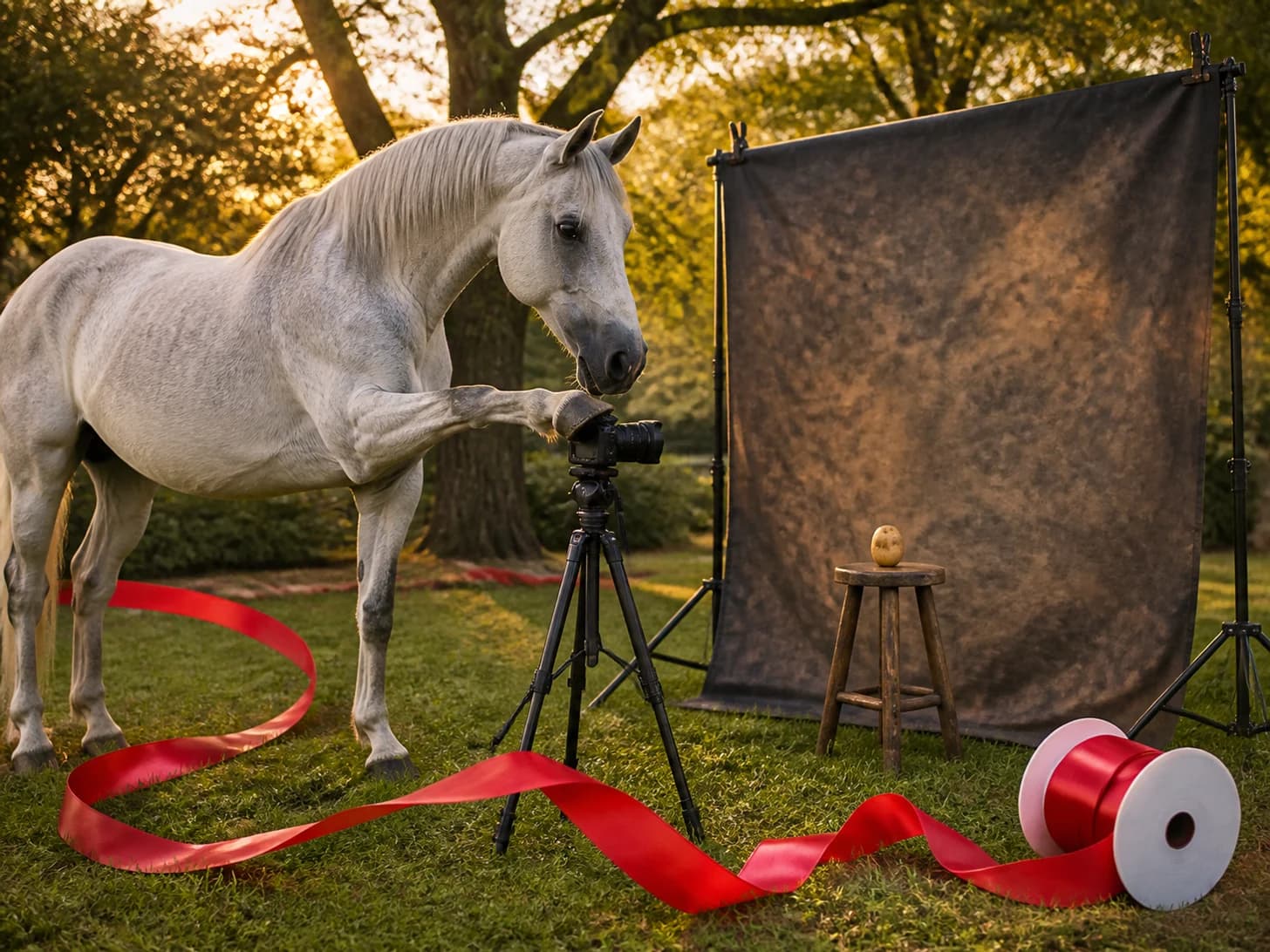 Saffron was promoted to photographer arranging a portrait of one potato; unfortunately, a ribbon spool rolls across the entire set.