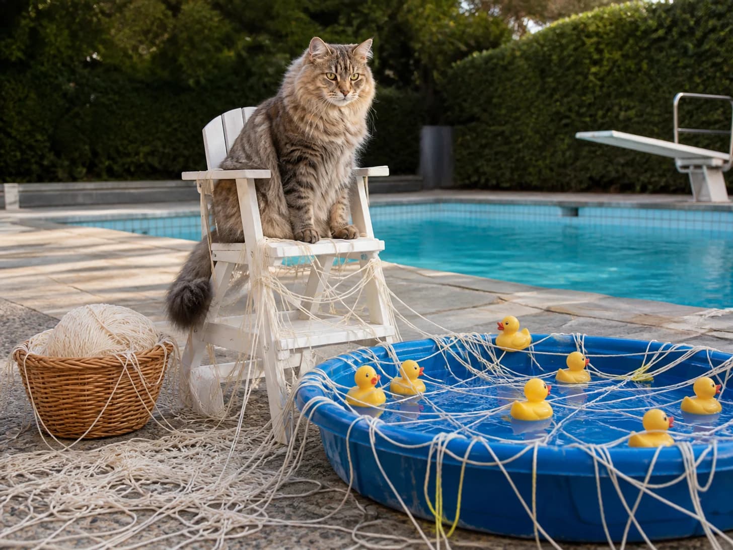 Pepper VII was promoted to lifeguard supervising a paddling pool for rubber ducks; unfortunately, a basket of yarn unravels around everything.