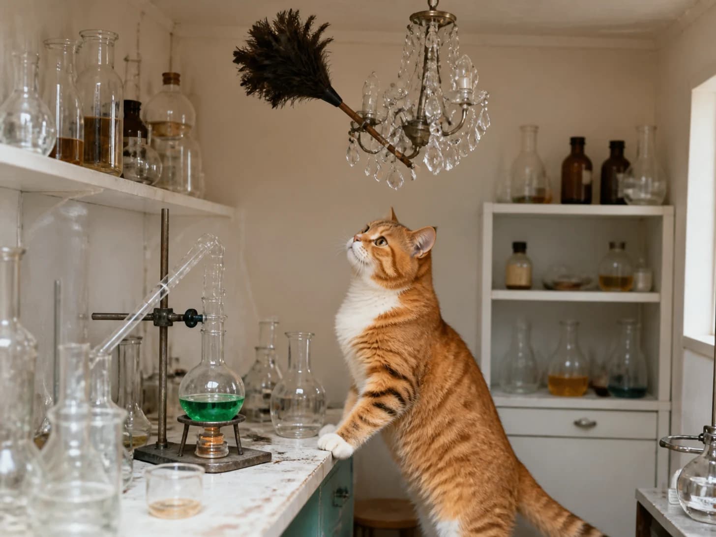 Heather VI was promoted to scientist monitoring a bubbling but harmless experiment; unfortunately, a feather duster gets stuck in a tiny chandelier.