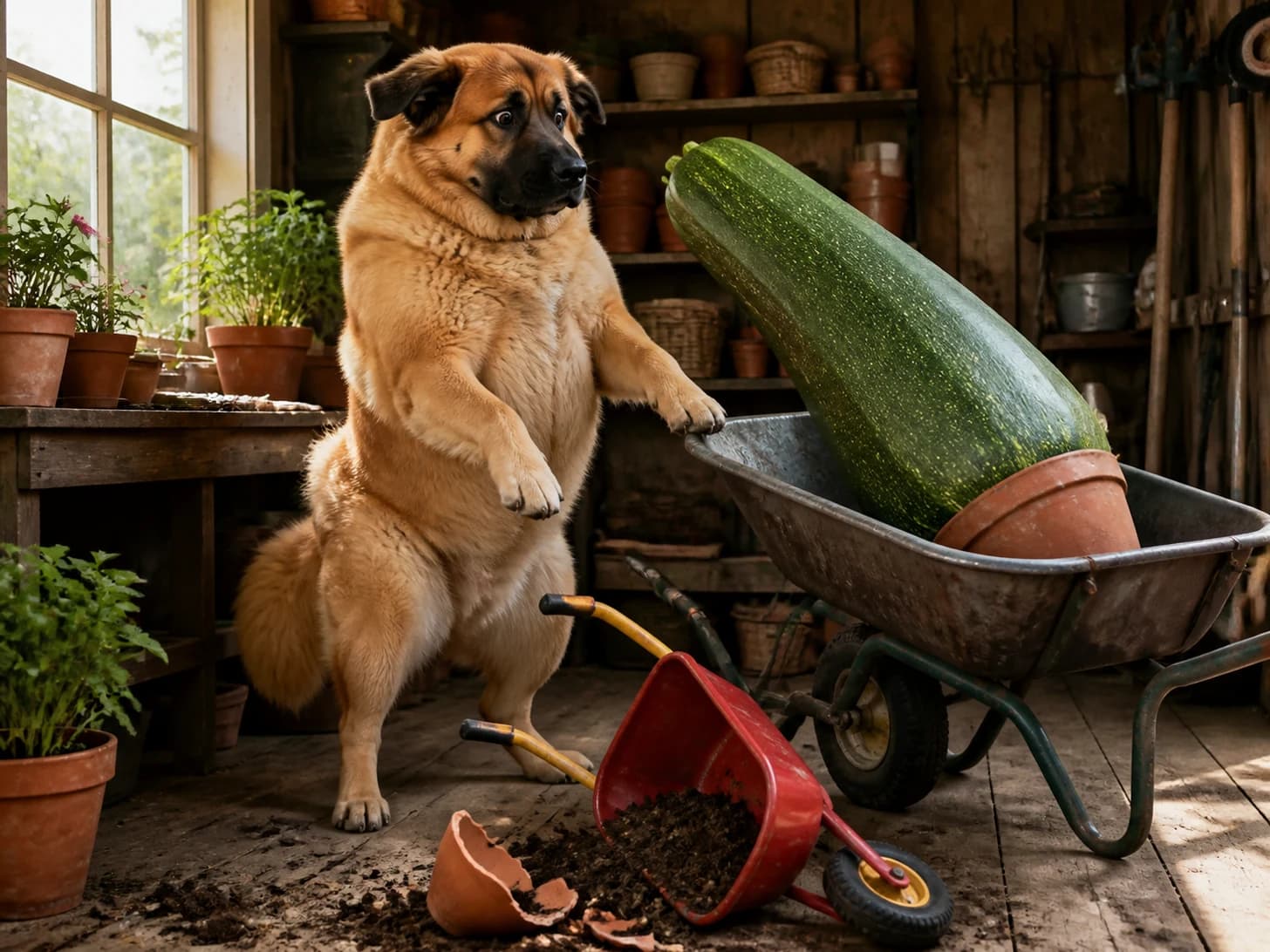 Gherkin X was promoted to gardener confronting a wheelbarrow full of one enormous vegetable; unfortunately, a toy wheelbarrow tips at the worst moment.