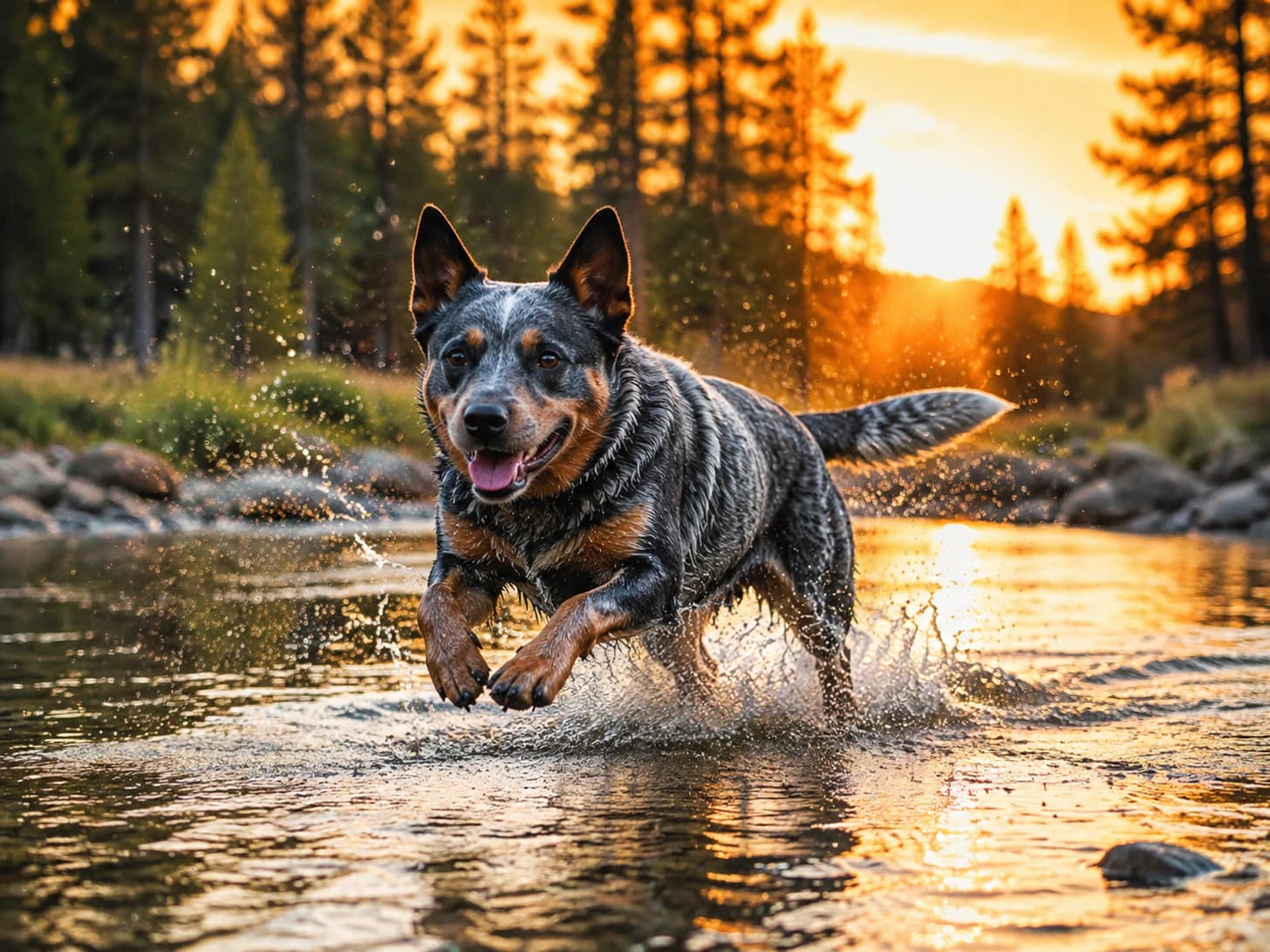 Rusty is supposed to be helping with the sheep. Rusty is in the river.