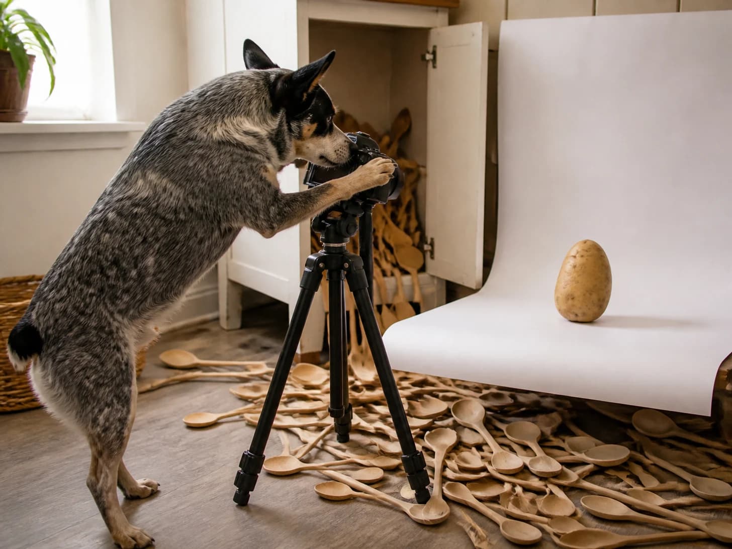 Teasel II was promoted to photographer arranging a portrait of one potato; unfortunately, a heap of wooden spoons spills from a cupboard.