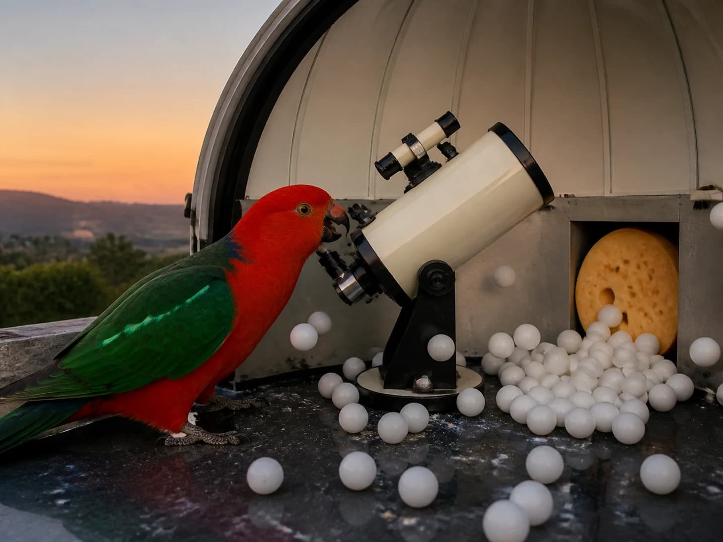 Winston VI was promoted to astronomer discovering that the moon is a cheese wheel; unfortunately, dozens of ping-pong balls escape at once.
