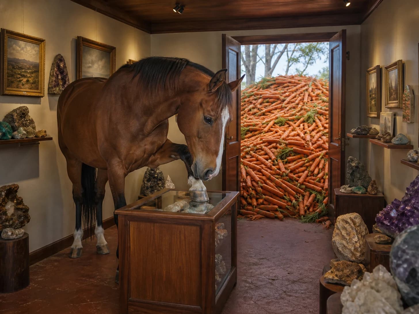 Zinnia was promoted to meticulous museum curator; unfortunately, a mountain of carrots blocks the doorway.