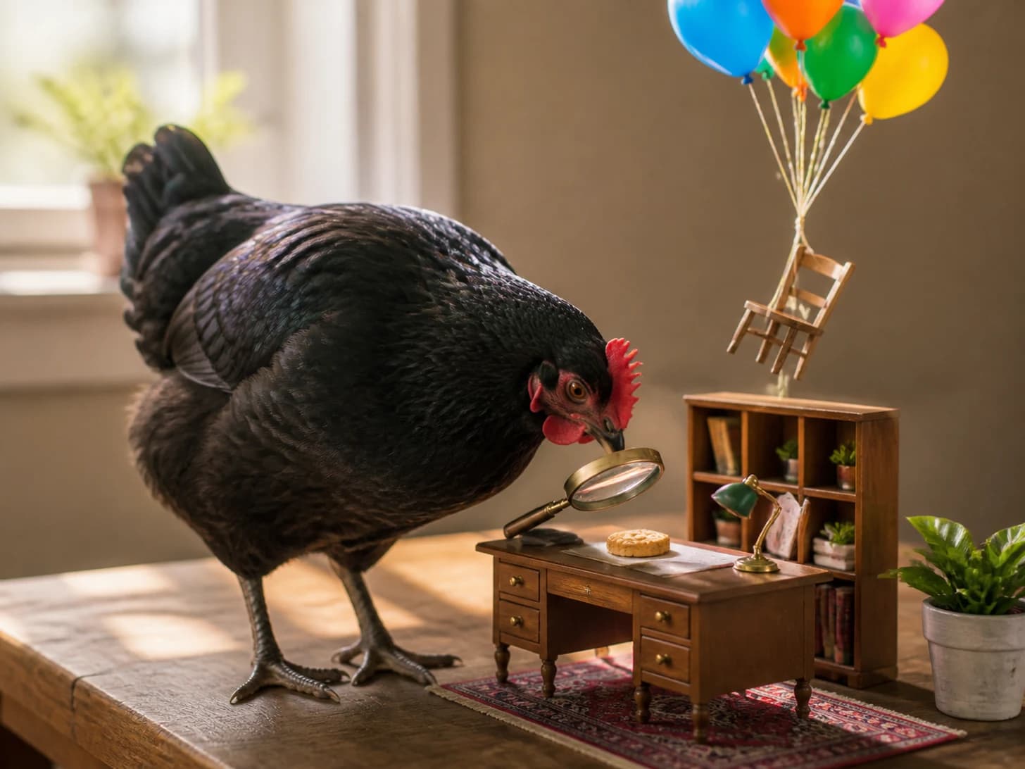 Amber VII was promoted to detective examining one suspicious biscuit; unfortunately, a balloon bouquet pulls a tiny chair upward.