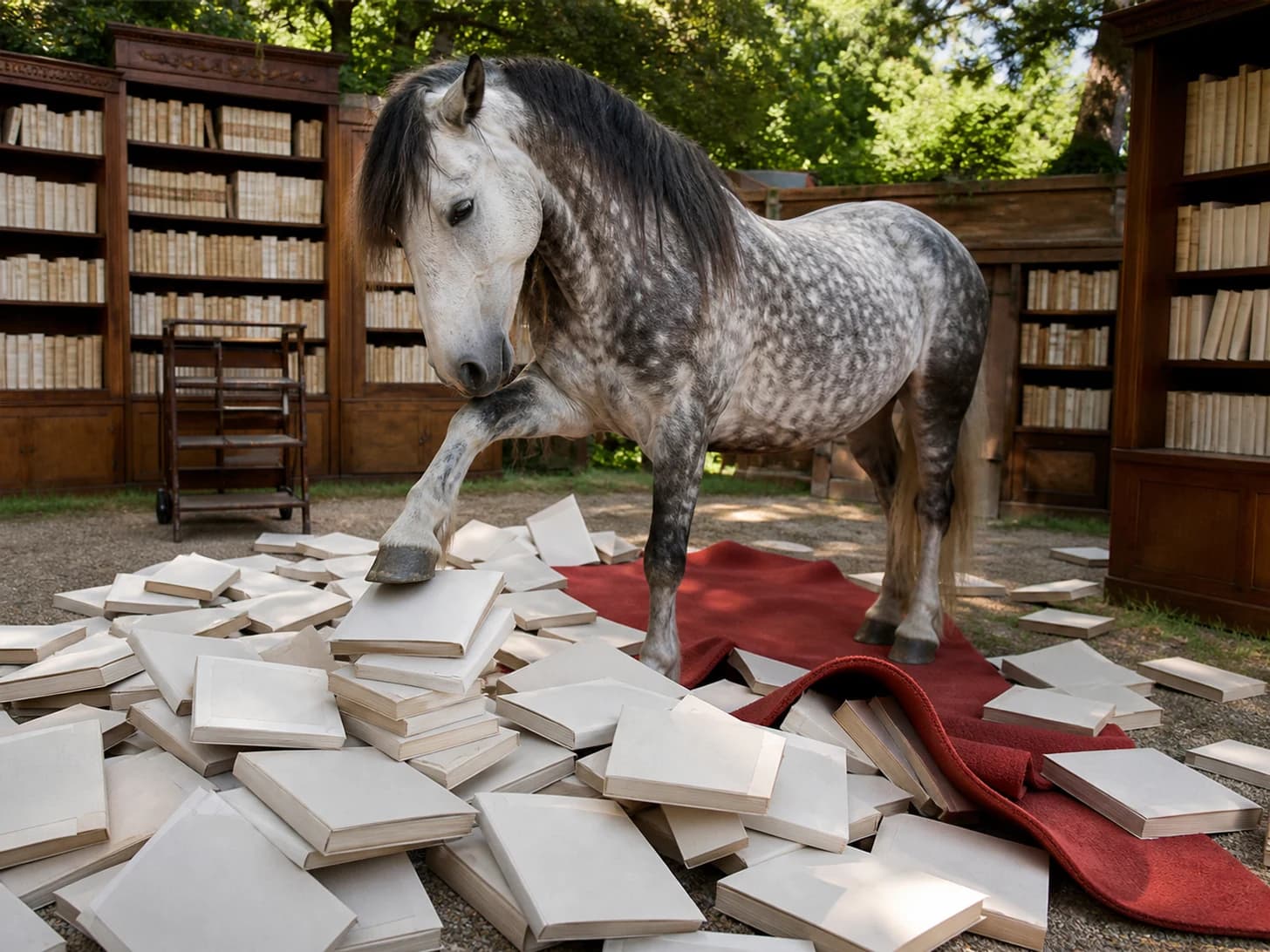 Noodle was promoted to librarian managing an avalanche of blank books; unfortunately, a tiny red carpet refuses to lie flat.