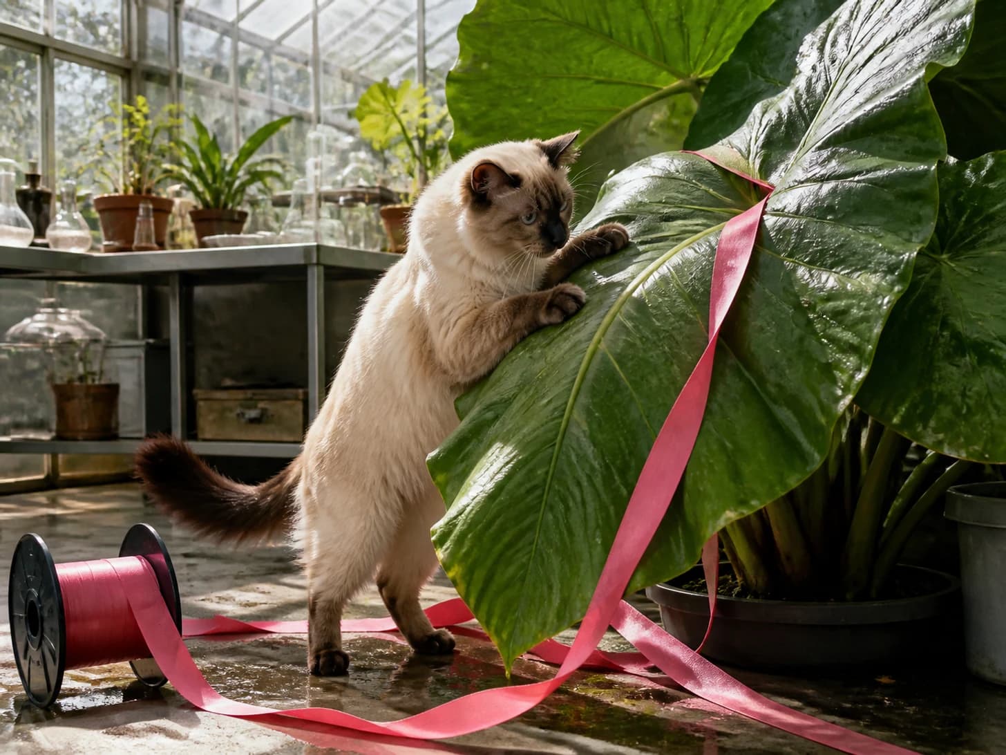 Cinnamon III was promoted to botanist studying an absurdly large houseplant; unfortunately, a ribbon spool rolls across the entire set.