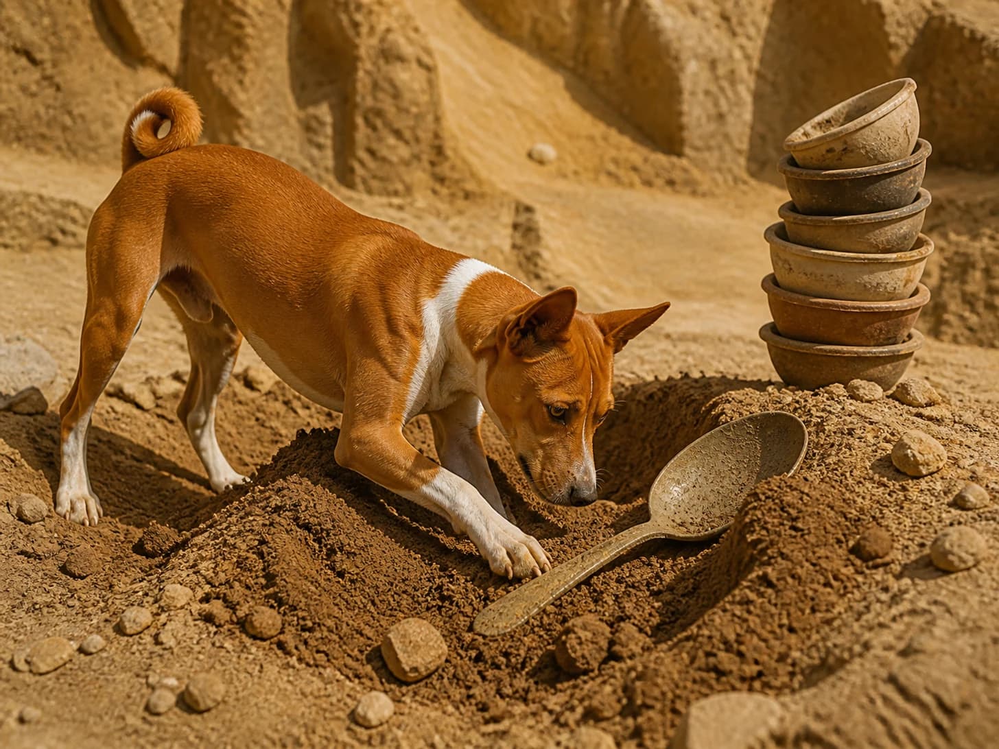 Clover IV was promoted to archaeologist uncovering a giant spoon; unfortunately, a stack of empty bowls wobbles dangerously.