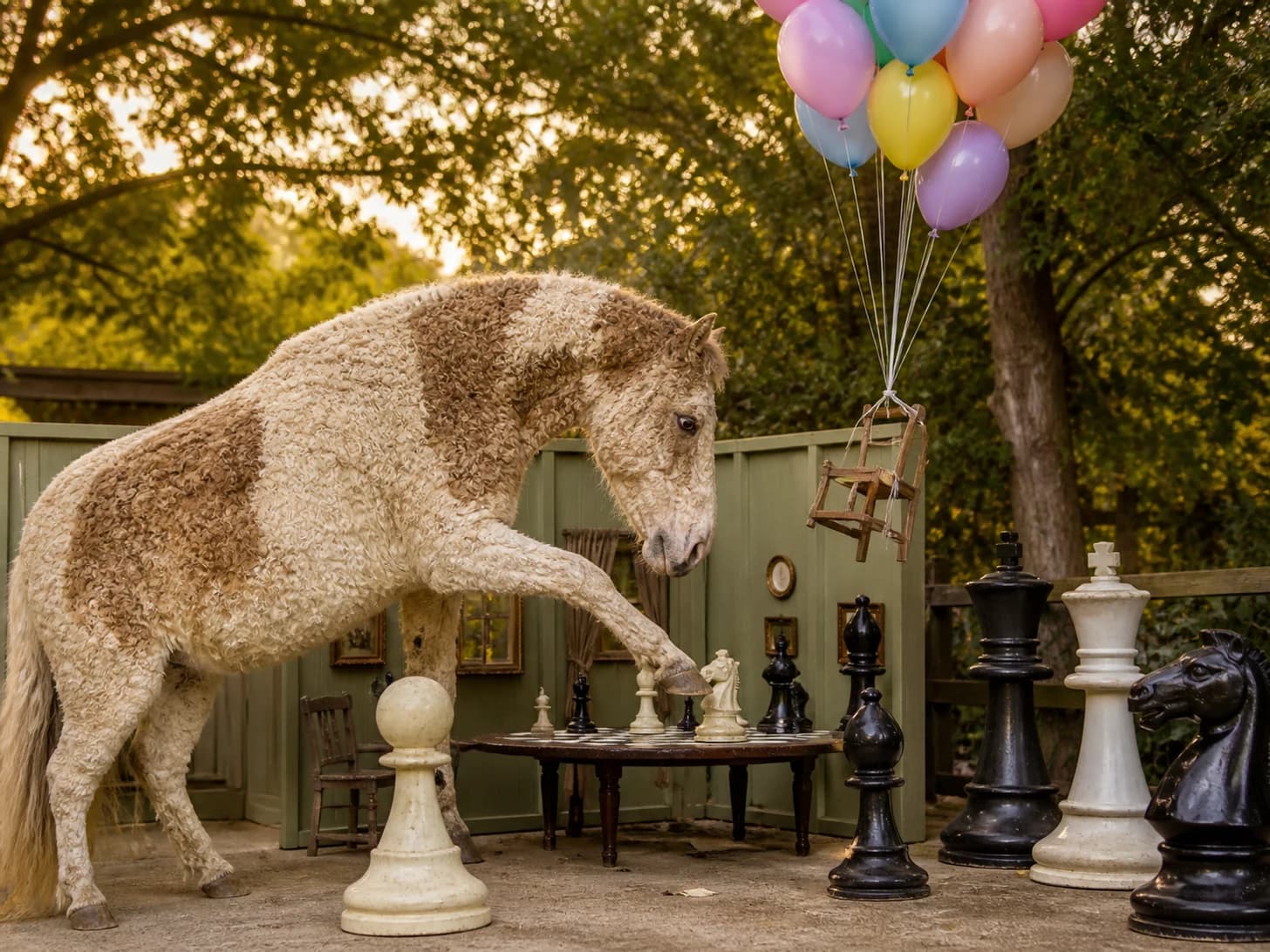 Semolina was promoted to chess champion facing pieces taller than itself; unfortunately, a balloon bouquet pulls a tiny chair upward.
