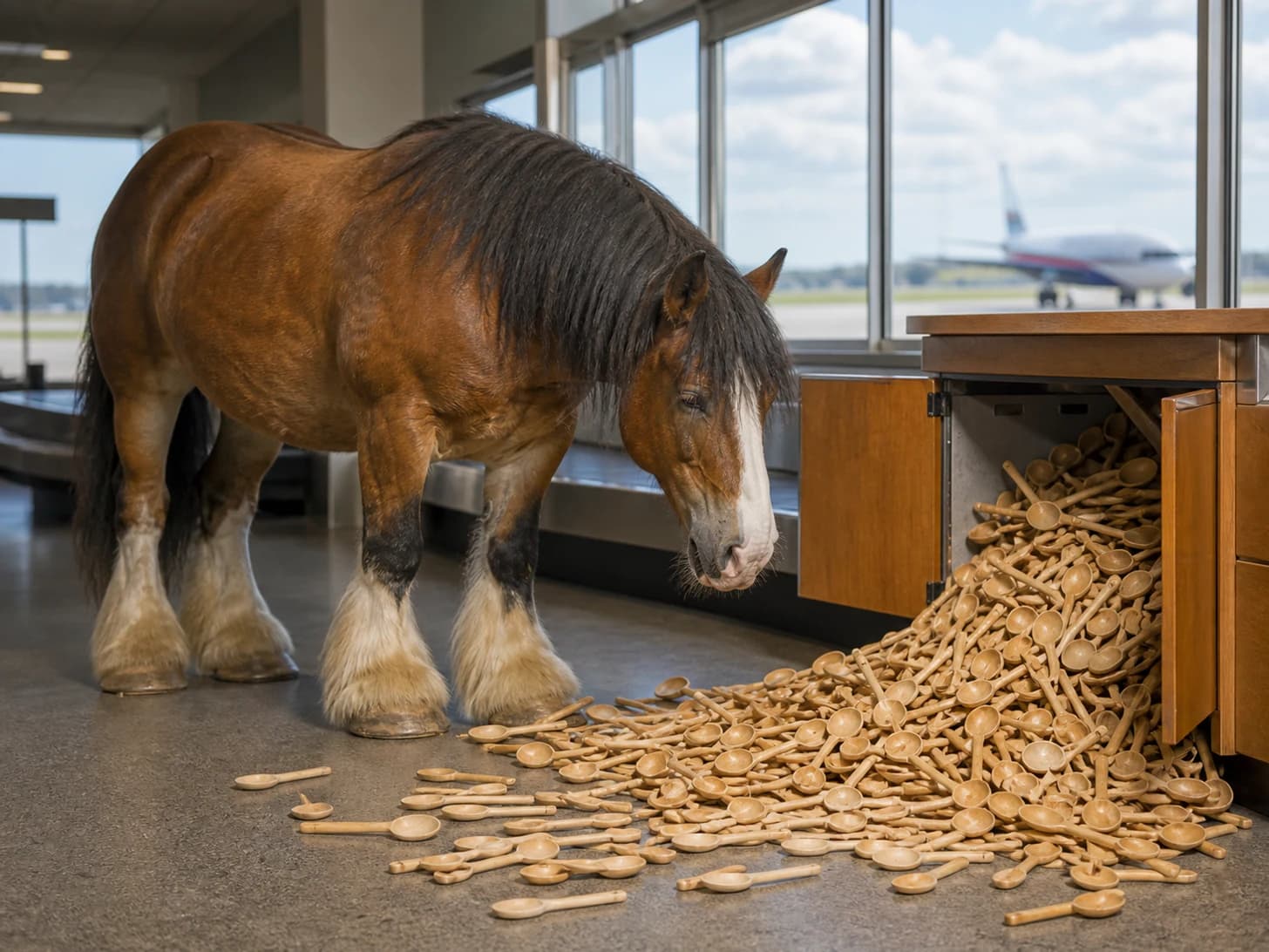 Waffles was promoted to overwhelmed airport baggage manager; unfortunately, a heap of wooden spoons spills from a cupboard.