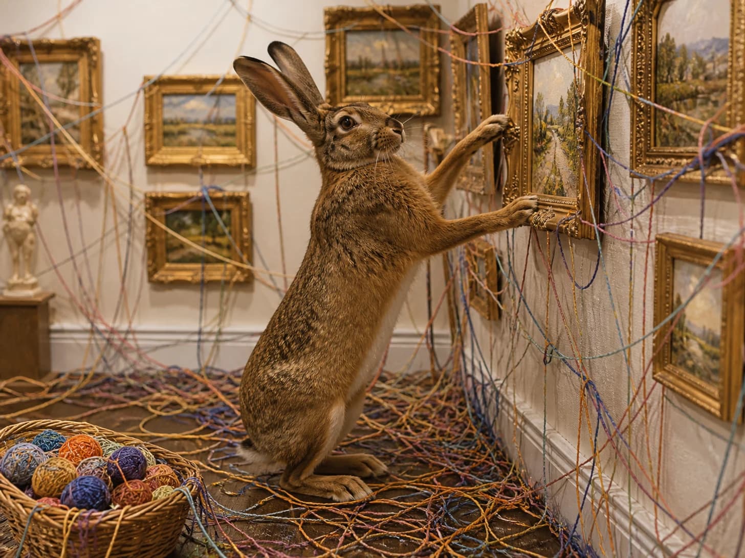 Bramble IX was promoted to meticulous museum curator; unfortunately, a basket of yarn unravels around everything.