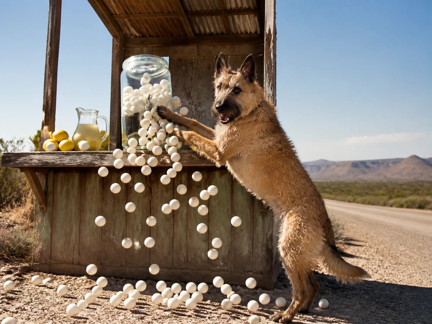 Onyx V was promoted to ambitious roadside lemonade vendor; unfortunately, dozens of ping-pong balls escape at once.
