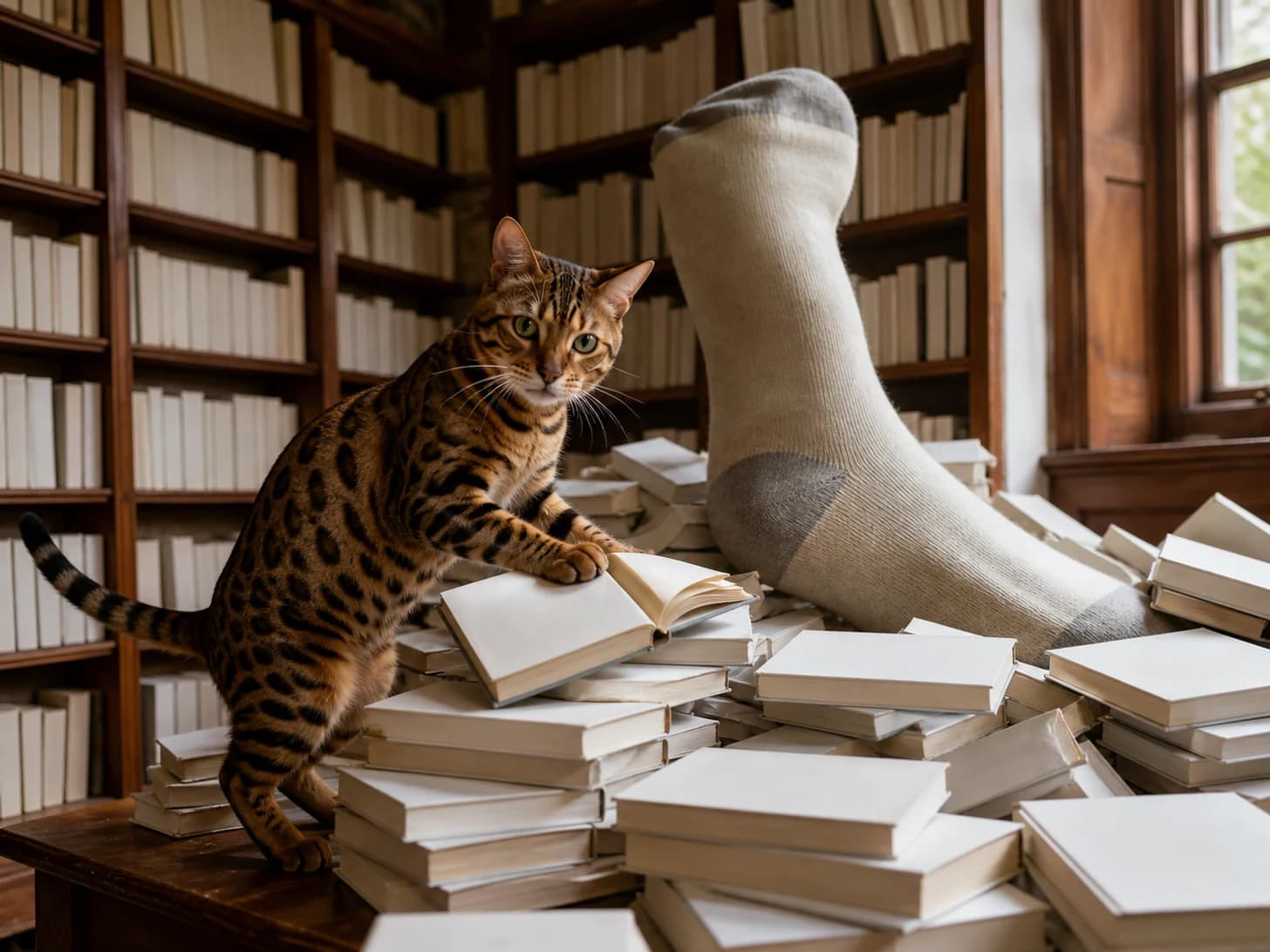 Jetty IV was promoted to librarian managing an avalanche of blank books; unfortunately, a single enormous sock appears without explanation.