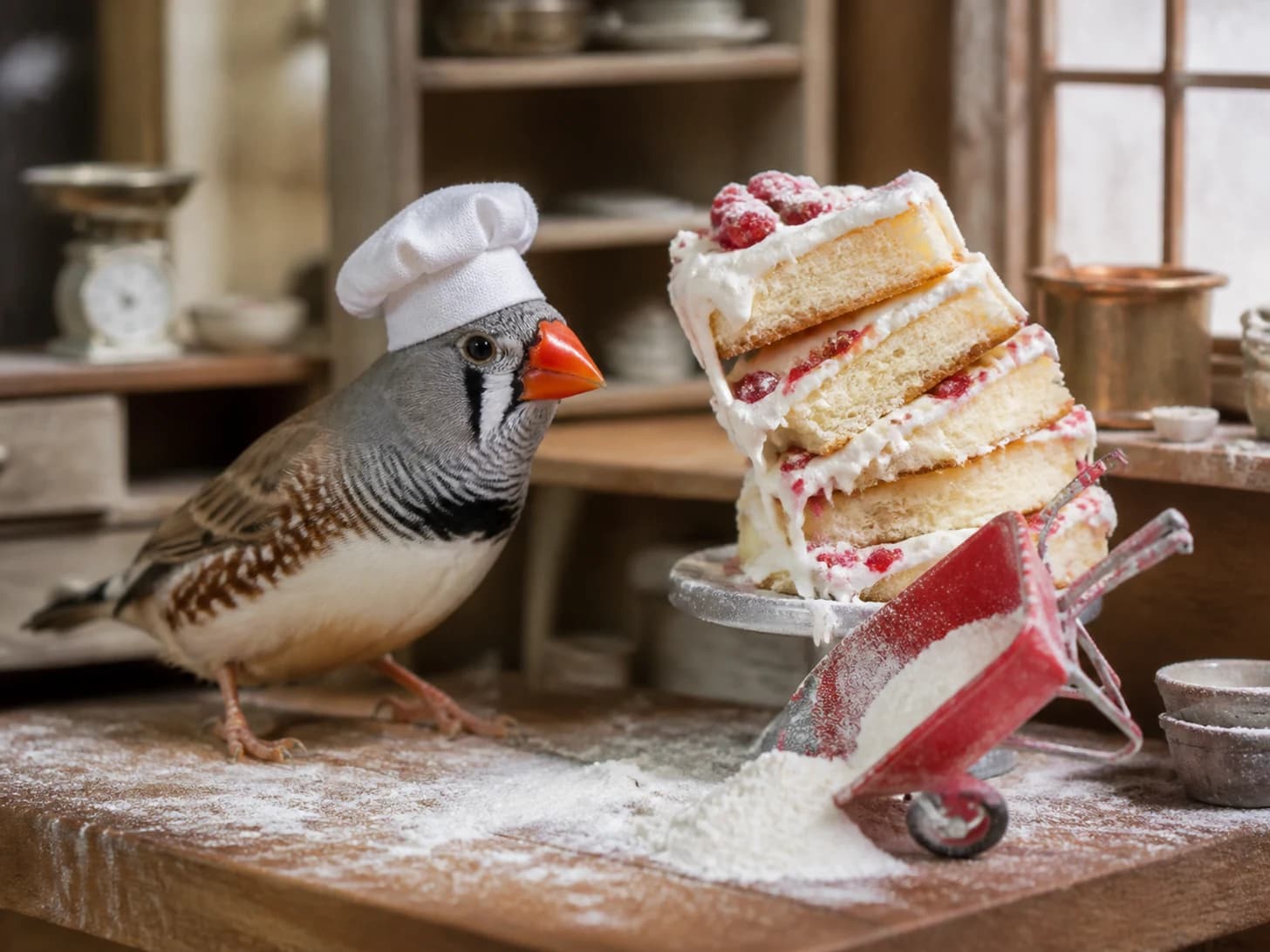 Kestrel IX was promoted to pastry chef confronting a leaning cake; unfortunately, a toy wheelbarrow tips at the worst moment.