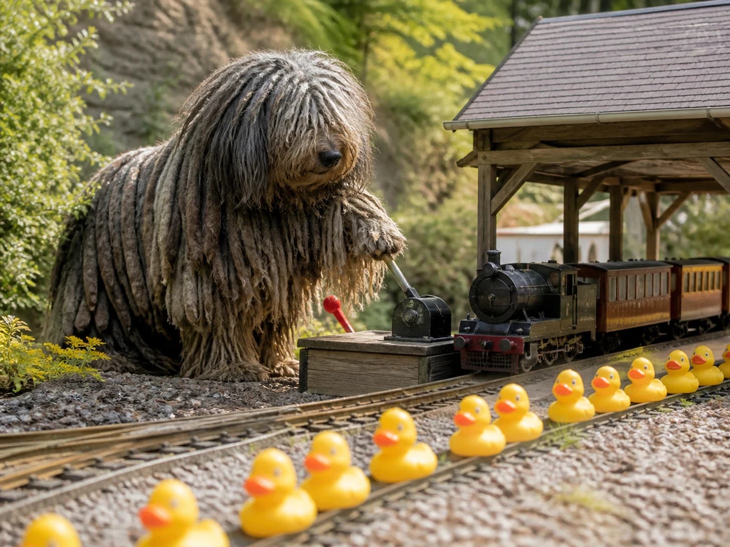 Flint II was promoted to train dispatcher handling one tiny late train; unfortunately, a parade of rubber ducks heads the wrong way.