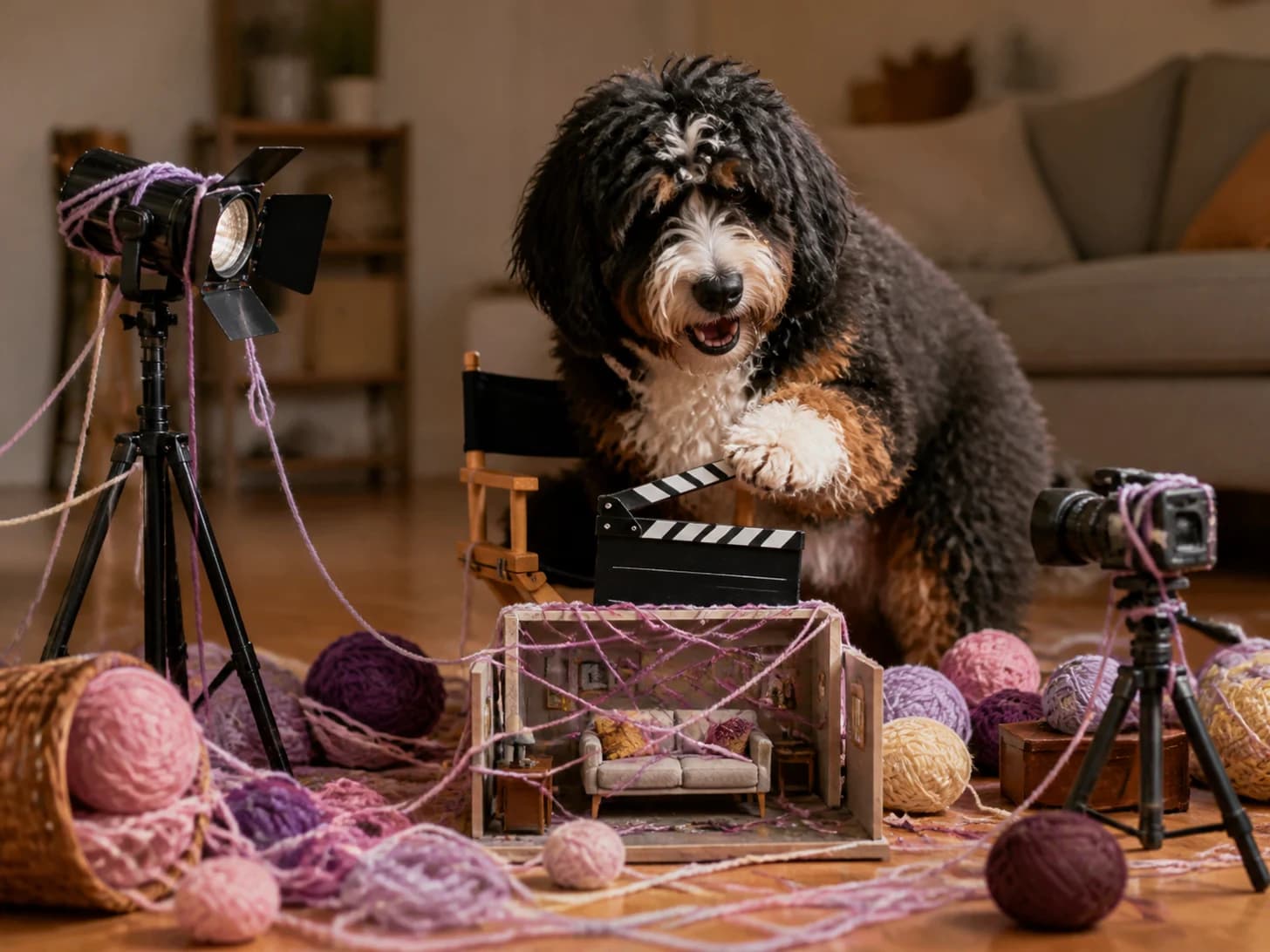 Umber II was promoted to film director frustrated with a toy clapperboard; unfortunately, a basket of yarn unravels around everything.