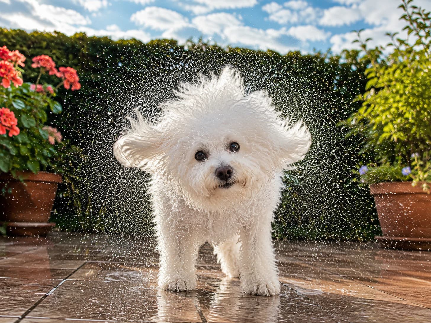 Coco was completely dry ninety seconds ago. So, for that matter, was I.