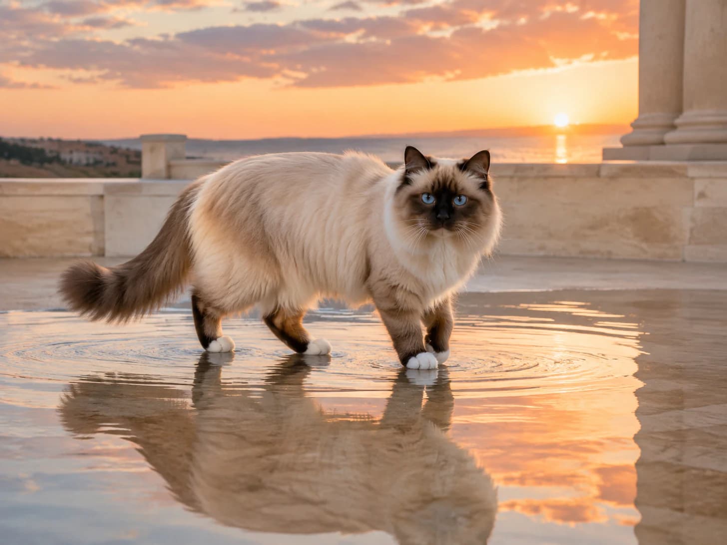 Suki crosses the wet terrace at sunset and pretends she meant to get her feet wet.