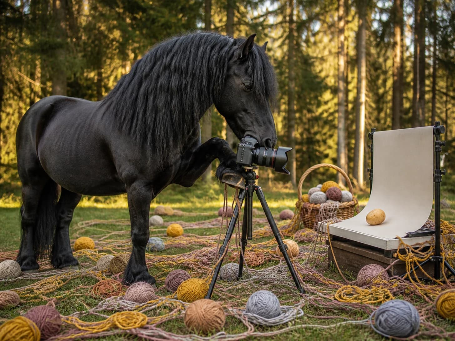 Indigo was promoted to photographer arranging a portrait of one potato; unfortunately, a basket of yarn unravels around everything.